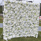 3D White Rose Artificial Fabric Backdrop Rolling Up Curtain Flower Wall - Wedding Decoration