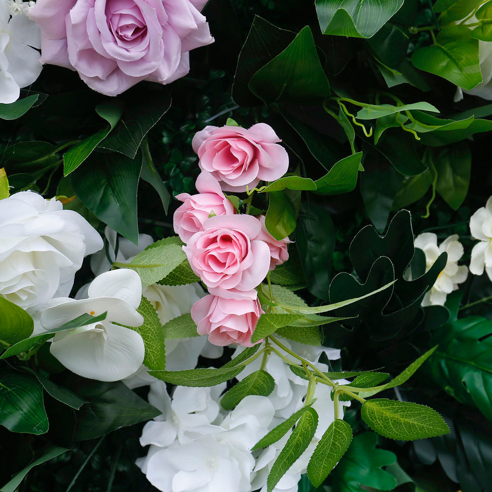 Atlasflowerswall 5D White Rose & Green Leaf Artificial Flower Wall – Birthday Party Backdrop Decor