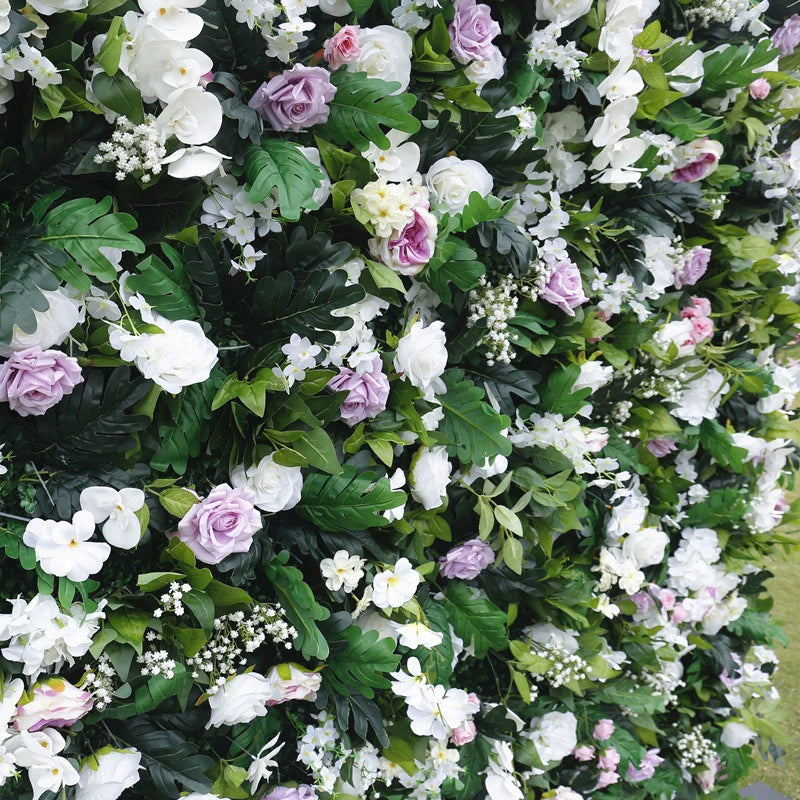 Atlasflowerswall 5D White Rose & Green Leaf Artificial Flower Wall – Birthday Party Backdrop Decor
