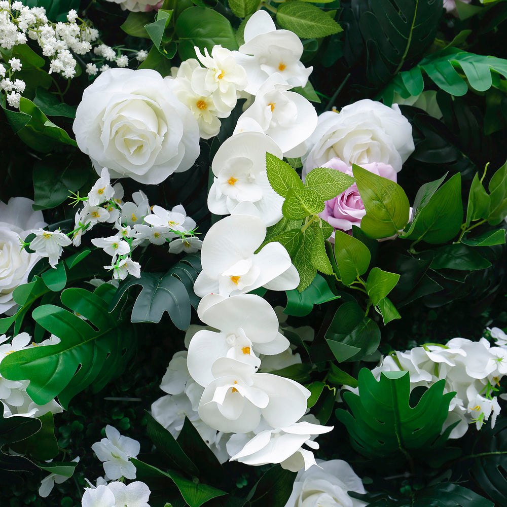 Atlasflowerswall 5D White Rose & Green Leaf Artificial Flower Wall – Birthday Party Backdrop Decor