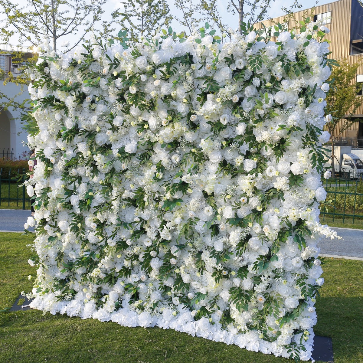 5D White Rose Green Leaf Flower Wall Backdrop for Event & Party Decoration