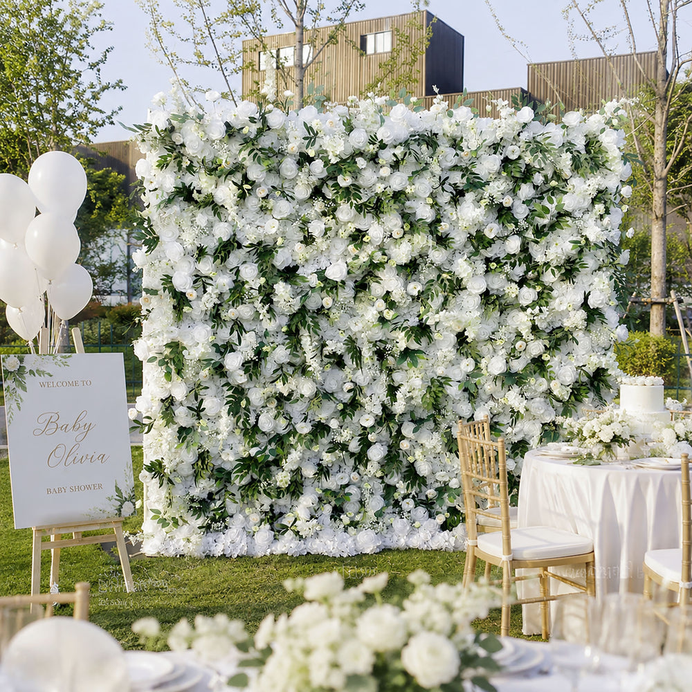 5D White Rose Green Leaf Flower Wall Backdrop