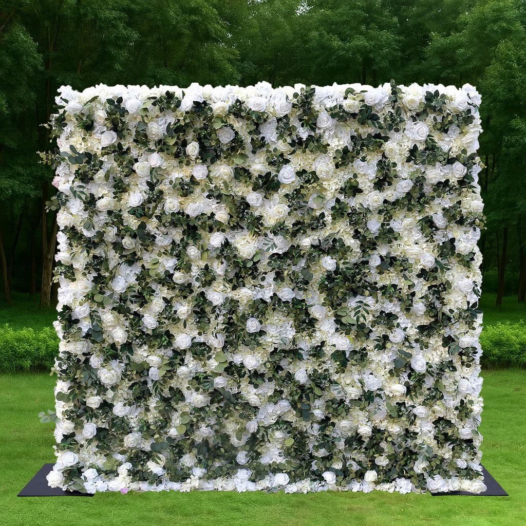 3D White Rose Greenery Fabric Flower Wall Backdrop for Event & Party Decor